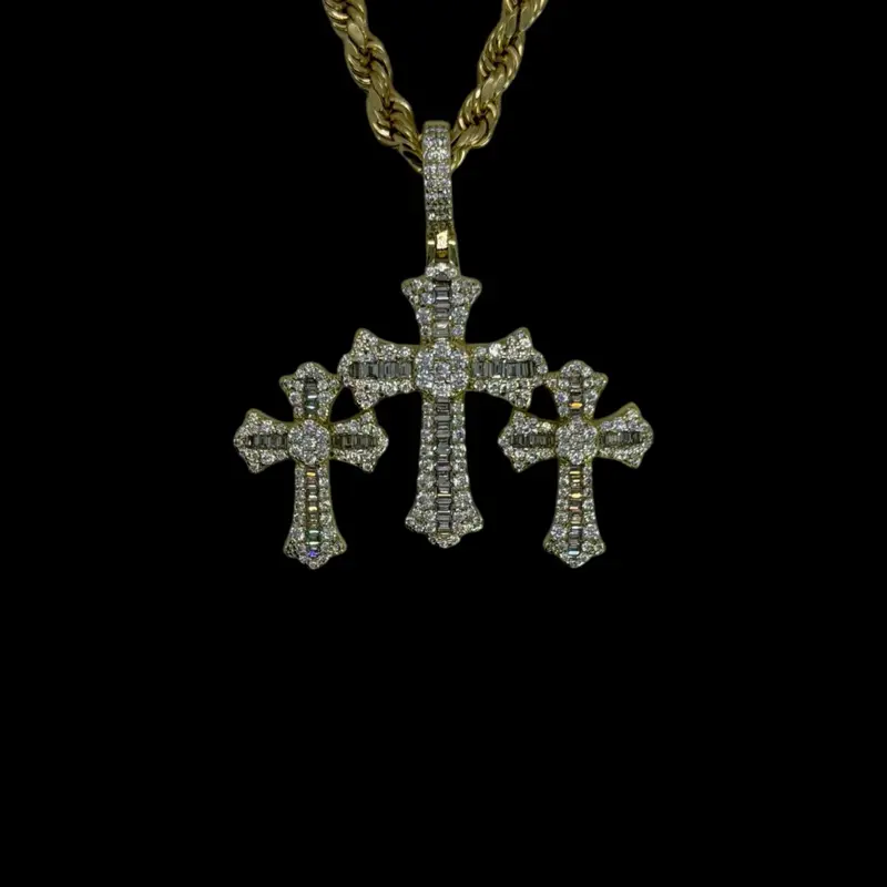14k Gold Plated Iced Out Triple Cross Necklace