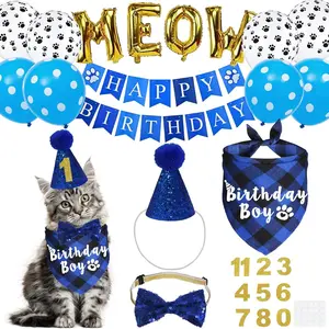 Cat Birthday Party Supplies, Cat Birthday Hat with Number Bandana Bow Tie Banner Balloons Meow Letter Balloons for Cats Kittens Decorations