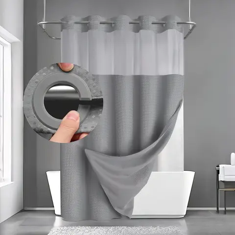 Double-Layer Modern Hookless Waffle Shower Curtain Set - 72x75 in, Polyester Waterproof Fabric, Simple Straight Design, Quick Snap White Liner Included, Hanging Easy Installation, Machine Washable Home Bathroom Decor