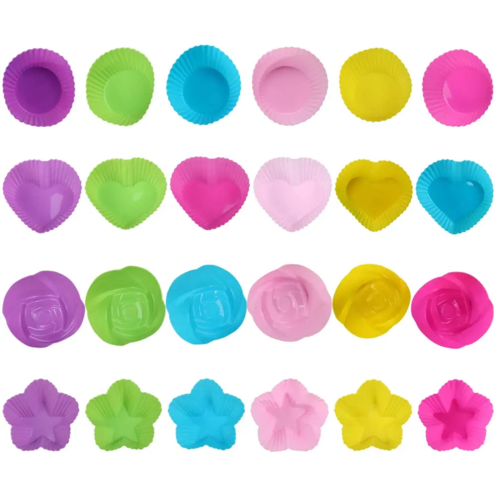 Silicone Cupcake Liners for Baking – 24Pcs Reusable Muffin Cups, Greaseproof Muffin Liners, Nonstick Baking Molds with Round, Stars, Heart, Flowers Shape – Fun Shapes Silicone Baking Cups for Cupcakes, Muffins, Egg Bites, Mini Quiches, Jello, Chocolate