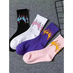Men's 4 Pairs Fire Pattern Novelty Crew Socks, Anti-odor Ribbed Knit Socks, Street Hip Hop Mid-calf Socks, Multipack Comfy Breathable Socks for Men, Men's Socks & Hosiery