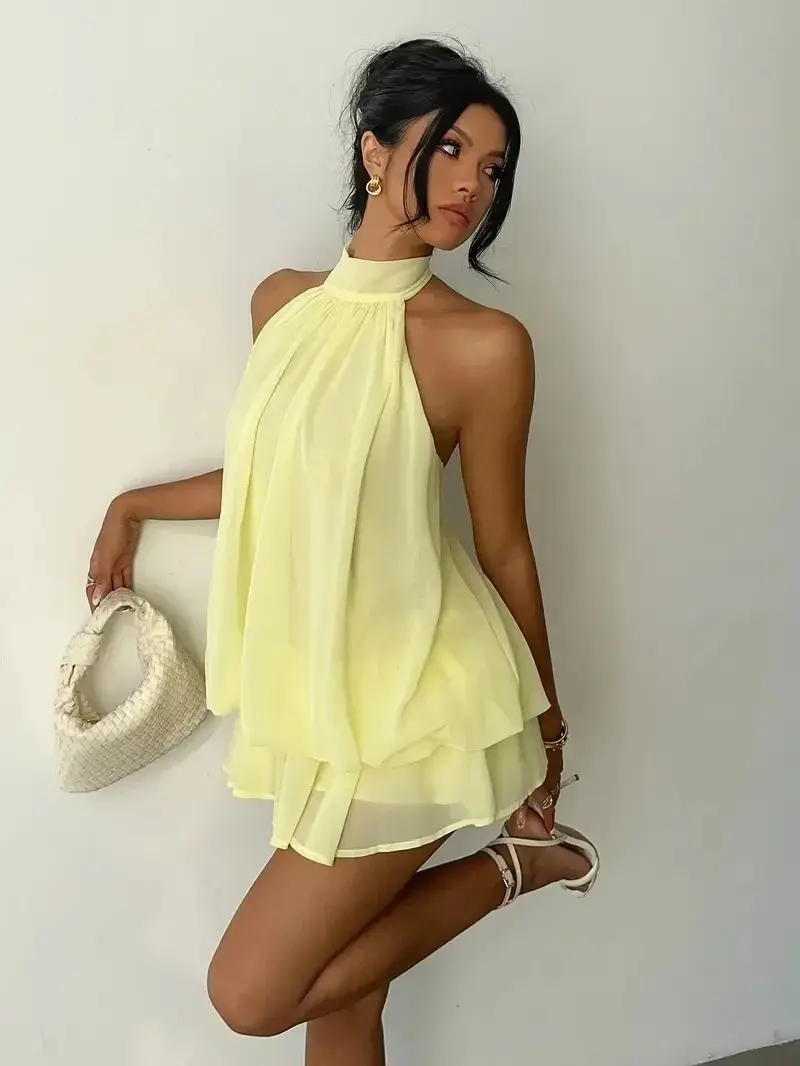 Women's Halter Neck Dress Backless Tie-Front Chiffon Sheer Mini Skirt Fashionable Sexy Y2K Vintage Cute Party Birthday Dress