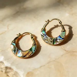 Gold Abalone Shell Huggie Hoop Earrings for Women, Dainty Iridescent Shell Earrings, Minimalist Everyday Jewelry, Lightweight Trendy Gift