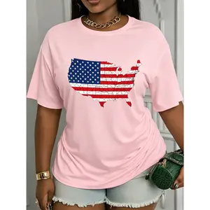 US Flag Map Print Cotton T-Shirt, Women's Patriotic Graphic Tee, USA Pride Apparel