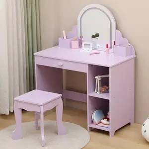 Vanity with Lighted Mirror & Stool, 2 In 1 Makeup Vanity with Storage Drawer & Shelves for Girls 3-9
