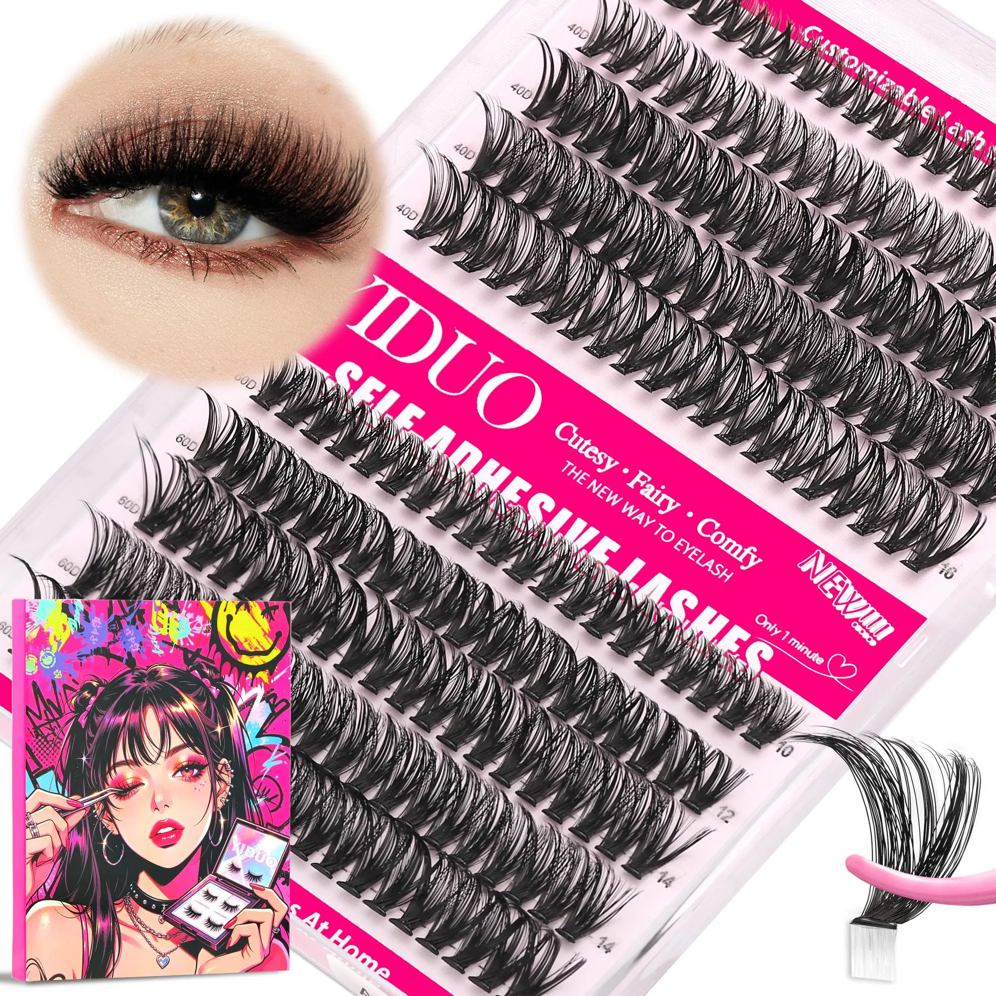 YIDUO Self-Adhesive Lash Clusters, 40D+60D Wispy Press-On Lashes, Pre-Glued D Curl 10-16mm, No Glue Needed DIY Individual Eyelash Extensions Gift Pack