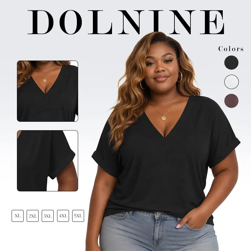 DOLNINE Women's Basic Chic Batwing Blouse - XL-5XL Plus Size, Loose Fit V-Neck Summer Streetwear Top for Work & Loungewear, VPS0192, Shortsleeve, Cuffed, Comfy, Slacks, Fabric