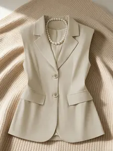 Women's Solid Color Fitted Vest Top, Fashionable Sleeveless Blazer Neck, Perfect for Spring Summer, Business Attire Clothes, Daily Commute, Parties