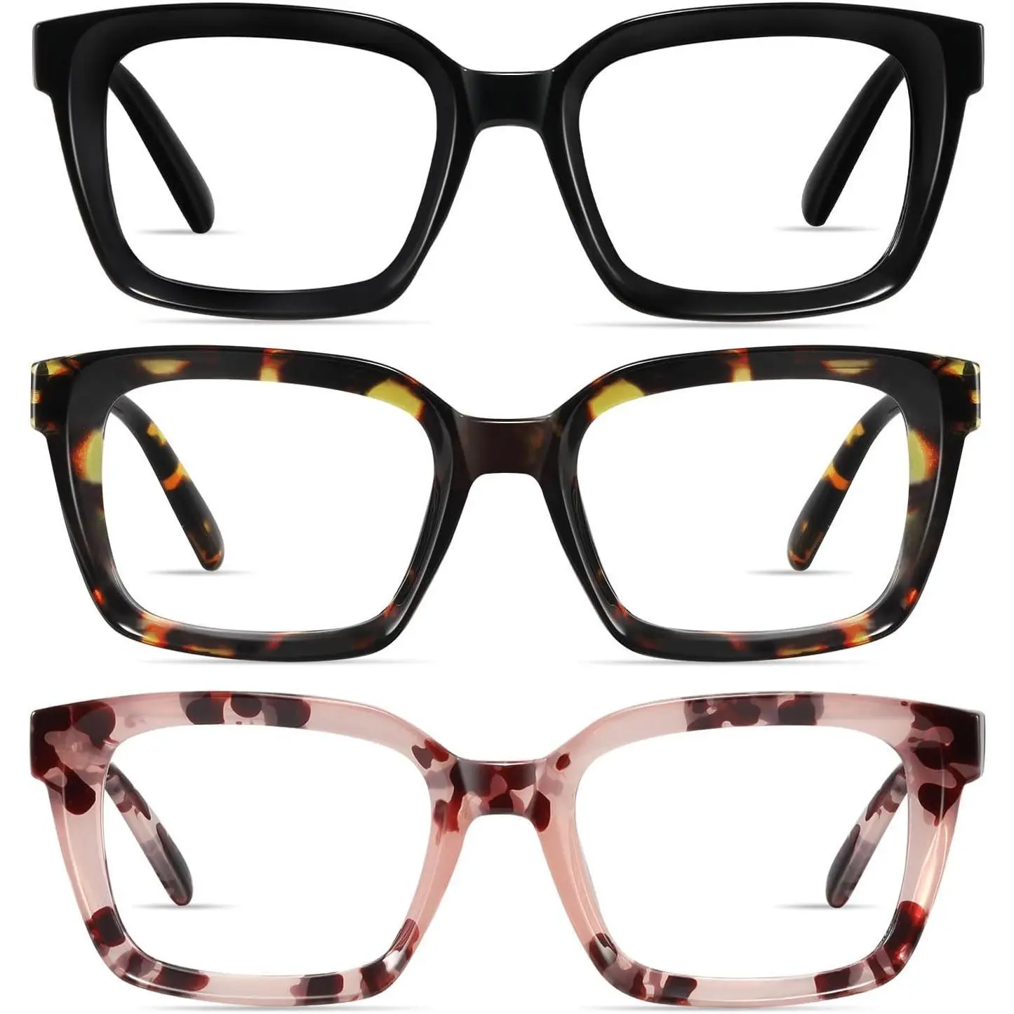 RESJOK 3 Pack Tortoiseshell Reading Glasses Blue Light Blocking Readers Oversize Oprah Square Anti Glare for Women & Men Eyestrain Spring Hinge High Definition Vision