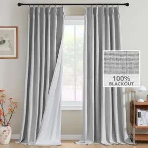 Pinch Pleated Full Blackout Curtains Linen Blended Chenille Blackout Curtains 96 inch Long 2 Panels Set Thermal Insulated Farmhouse Neutral Track Drapes with Hooks, Heather Glacier Gray