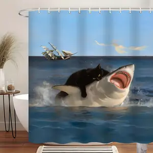 1pc Black Cat Shower Curtain for Bathroom Funny Shark Ocean Design Large Bath Curtain 78.7x70.8 Inches Machine Washable Bathroom Decor Accessories Polyester 12 Hooks for Easy Installation Suitable for Rooms, Families, Hotels, Machine Wash Curtains