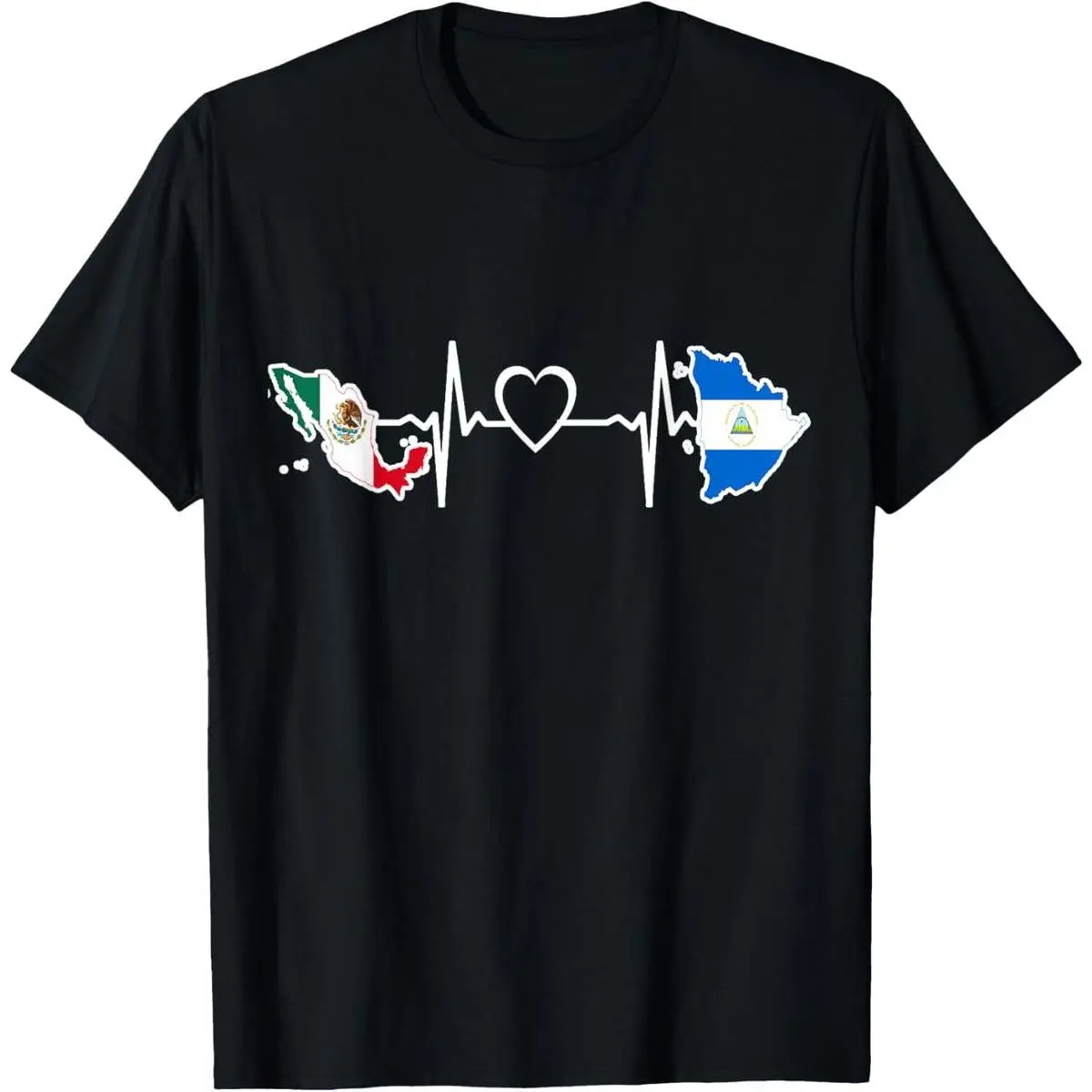 Women's Cotton Knit Round Neck Short-Sleeve Garment T-Shirt - Mexico-Nicaragua Flag, HeartBeat Graphic Print, Fitted, Flat, Comfortable Classic Casual Soft Machine-Washable Top