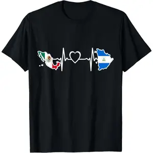 Mexico Nicaragua Flag - Mexican Nicaraguan HeartBeat Graphic Print Shortsleeve Cotton T-Shirt for Men and  Women