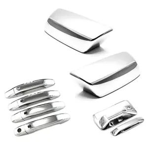 Triple Chrome Polished Stick-On Side Door Mirror+Handle+Tailgate Cover Overlay With 4 Smart buttons Compatible With 2014-2018 Silverado 1500 Sierra 1500