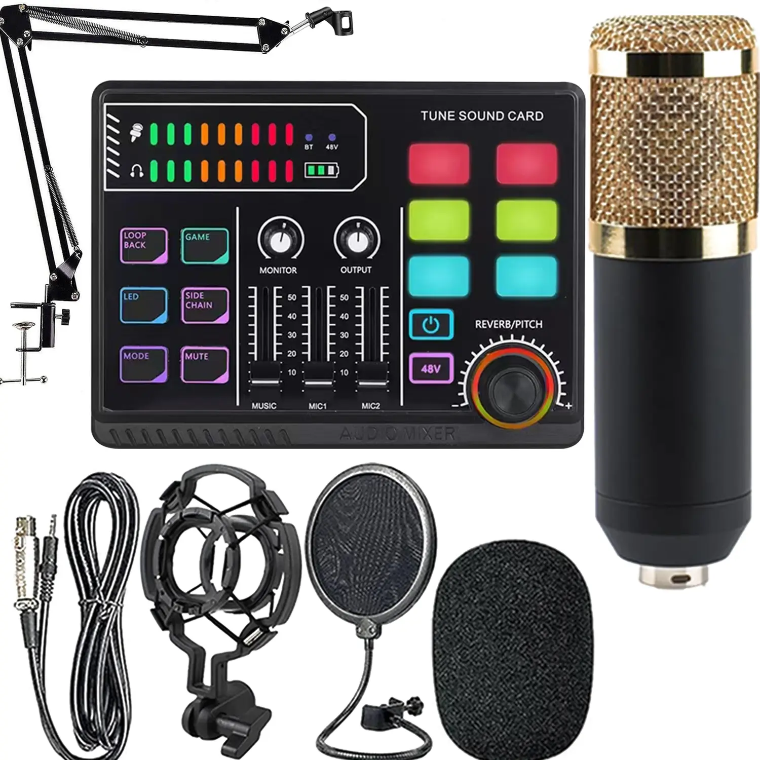 All-In-One Podcast Equipment Bundle, Professional Audio Interface with RGB Buttons, Ideal for Recording & Streaming, PC, Smartphone Use, Podcast Equipment Kit