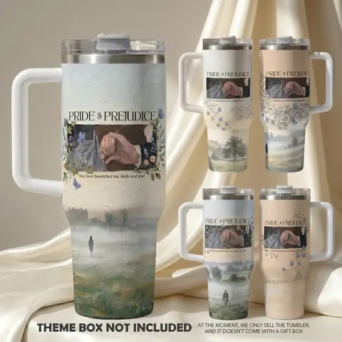 Pride and Prejudice 40oz Tumbler (Theme box not included) Darcy's Hand Flex & What Excellent Boiled Potatoes Mr. Collins Scene, Fitzwilliam Darcy & Elizabeth Bennet Inspired Steel Water Tumbler with Handle, Jane Austen Gift For Regency Romance Lovers