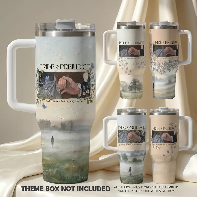 Pride and Prejudice 40oz Tumbler (Theme box not included) Darcy's Hand Flex & What Excellent Boiled Potatoes Mr. Collins Scene, Fitzwilliam Darcy & Elizabeth Bennet Inspired Steel Water Tumbler with Handle, Jane Austen Gift For Regency Romance Lovers