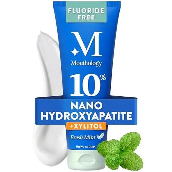 Mouthology 10% Nano Hydroxyapatite Toothpaste Fluoride Free, Whitening*, Rod Shaped nHA, Xylitol Toothpaste for Adults, Enamel Care*, Sensitive Teeth*, SLS Free, Mint 4oz (USA Made) Package May Vary