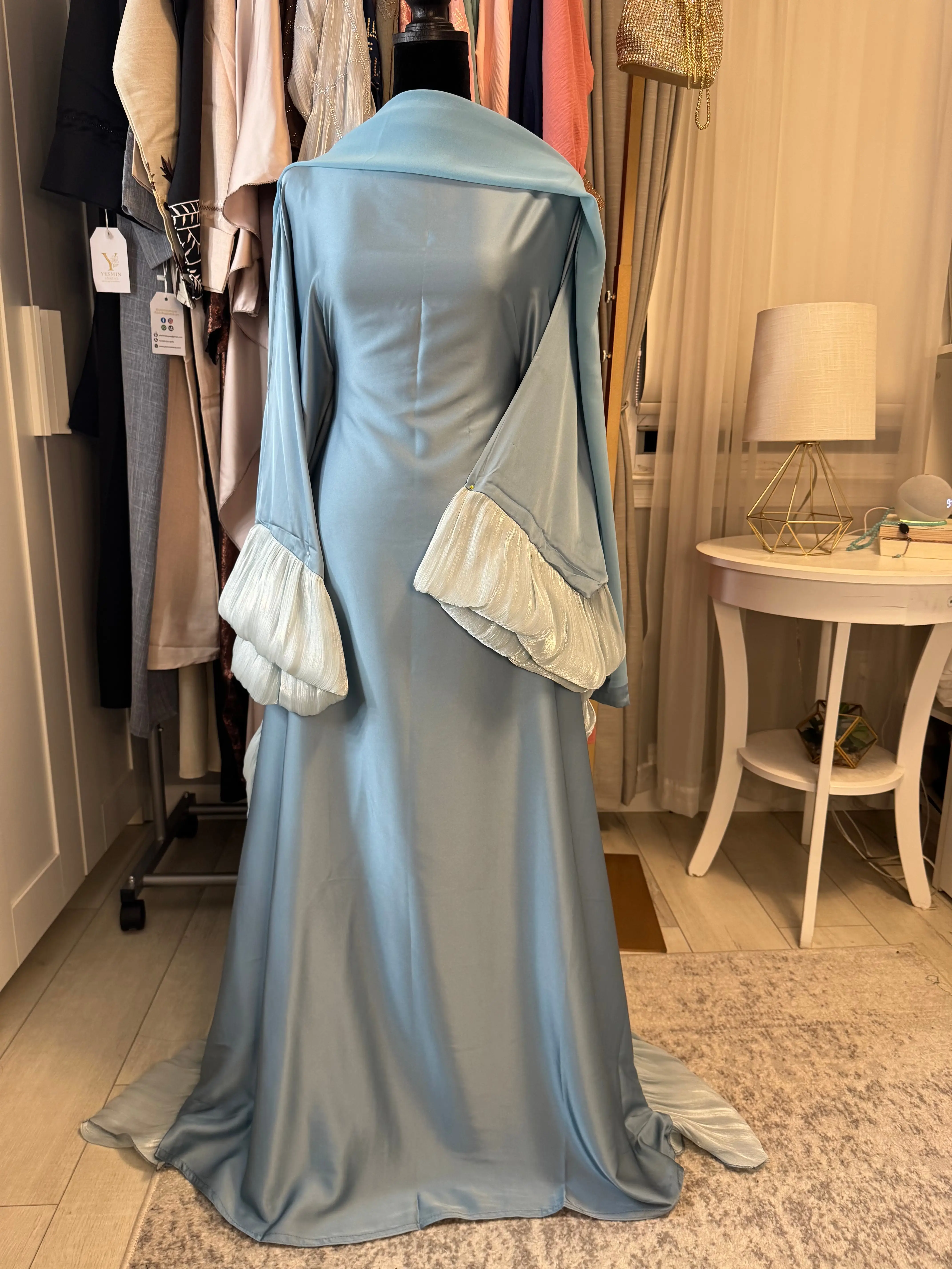 Satin Meera Abaya with Double Pleated Sleeves - Light Blue