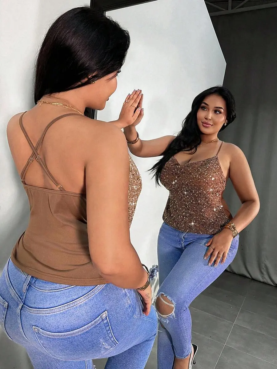 Plus Size Sexy Fashion Cowl Neck Tank Top, Vacation Beach Hot Girl Style Elegant Party Vest For Women Elegant Wedding Guest Brown Vest For Women