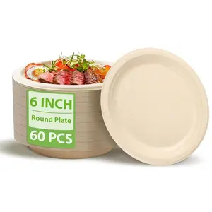 60pcs MZLBAMBOO Disposable Bamboo and Sugarcane Pulp Round Plate 6Inch Waterproof Oilproof Heavy-Duty Microwave For Noodle, Snacks, Dessert