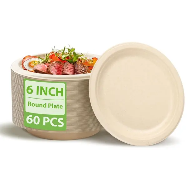60pcs MZLBAMBOO Disposable Bamboo and Sugarcane Pulp Round Plate 6Inch Waterproof Oilproof Heavy-Duty Microwave For Noodle, Snacks, Dessert