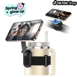 Omoton Magnetic Water Bottle Phone Holder with Adjustable Straps Hands-Free Gym Exercise Compatible with Stanley Tumbler Cellphone Stand [Spring glow up]