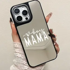 Black "Boy MAMA" Cursive Text Phone Case Trendy Aesthetic Shockproof Mirror Cover for iPhone11-17promax IPhone11/12/13/14/15/ Promax16/16Promax/16pro/16p