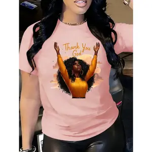 100% Cotton Thank God Printed T-Shirt - Round Neck Short Sleeve Top, Prayer Hands and Orange Letter Design, Breathable Four Seasons Christian Faith Clothing, Religious Theme Pattern Shirt, Essential for Spiritual Women