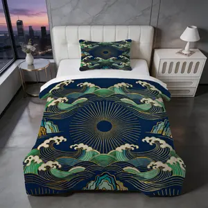 2/3 Piece Japanese Wave Sun Comforter Set | Gold Foil Great Wave HD Print Bedding Set | Soft Lightweight U-Quilted Quilt | For Bedroom Dorm (Pillows Not Included)