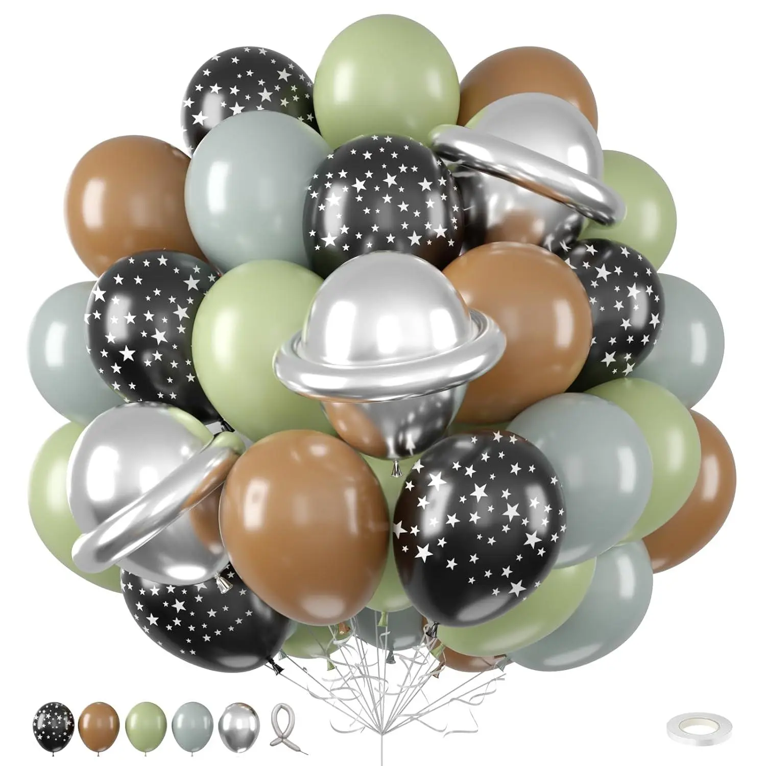 Grey Sage Green Brown Balloons, 12 Inch Olive Green Black Grey Balloons, Black Star Print Balloon Metallic Silver Long Latex Balloon For Boys Baby Shower Galaxy Planet Star Theme Birthday Party Decor