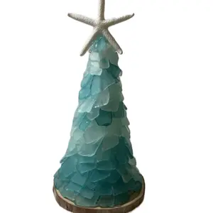 Beach Glass Tree 'Crane Beach' with Starfish Topper and Aqua Blue Seaglass Layers for Coastal Decor