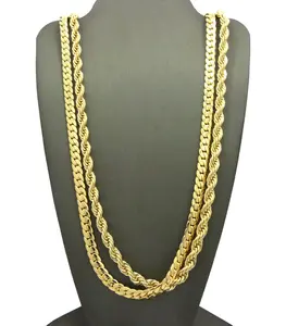 MEN'S 90'S HIP HOP STYLE 6mm 30" BRASS ROPE CHAIN & 6mm 30" CUBAN CHAIN GOLD PLATED CLASSIC NECKLACE SET