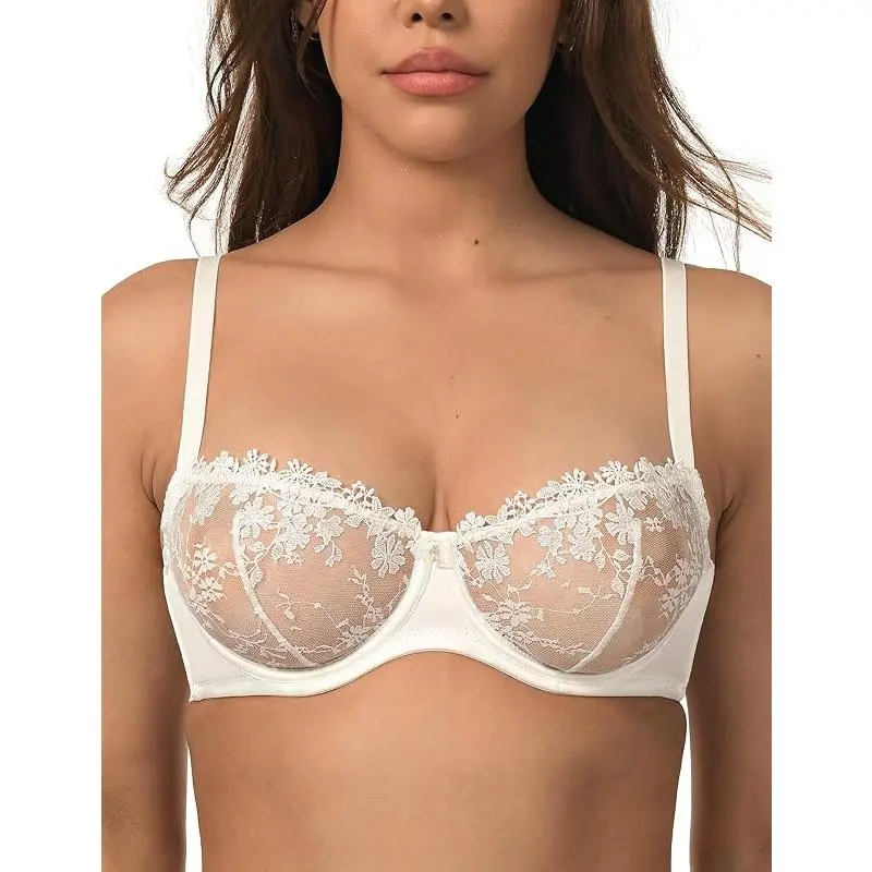 Women's Sexy Lace Bra Demi Sheer Mesh Balconette See Through Bralette Unlined Underwire Embroidered Womenswear