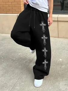 Men's Knit Sweatpants with Cross Print, Elastic Waist and Straight Leg Design, Comfortable for Skateboarding, Casual Gatherings, Urban Walks