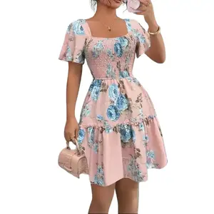 Women's Bohemian Cold-Shoulder Ruched Short-Sleeve Sports Dress, Floral Boho Skirt Dress for Casual Wear & Summer Active Use
