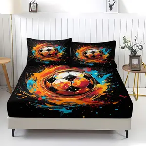 Football-print pattern fitted sheet, featuring a cozy print design, includes 1 fitted sheet and 2 pillowcases. This comfortable bedding set, with a non-slip and dustproof cover, is suitable for bedrooms and guest rooms. It's perfect as a gift for both chi