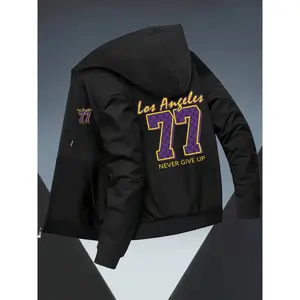 Bmuvlss Men'S Los Angeles 77 Basketball Jacket - Slim Fit Hooded Zip-Up with Pockets, Gray Casual Fall/Winter Outerwear, Sporty Streetwear Style, Basketball Jacket, Autumn Winter Apparel, Durable Fabric Jacket, Men Jacket For Men, Jacket For Men, Men Jack