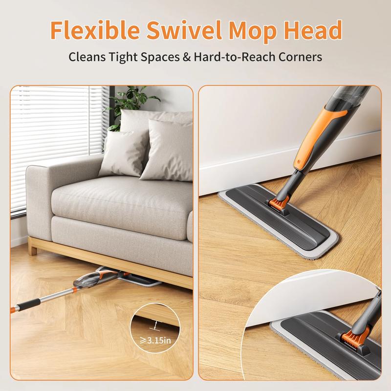 Spray Mop for Multi-Surface Heavy-Duty Cleaning with 4 Washable Microfiber Pads,Refillable Bottle,Functional Scraper,360°Rotating Head,One-Handed Operation,Wet/Dry Use,Rust-proof Aluminum Pole