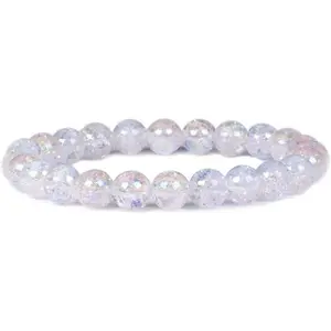 Aqua Aura Crackle Natural Clear Quartz Gemstone 8mm Round Beads Stretch Bracelet 7"