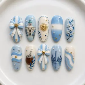 Argentina Soccer Fan Press On Nails | Blue White Sun Nail Art | Handmade Game Day Nails
