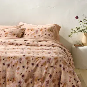 Full/Queen Heavyweight Linen Blend Duvet Cover and Sham Set Pressed Floral Print - Casaluna