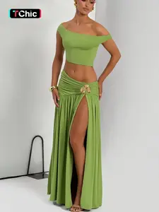 Women's Two-piece Solid Color One Shoulder Sleeveless Tank Top Bodycon Side Split Metal Flower Stitched Ruched Long Skirt Sets, Womenswear, Strapless Backless Irregular Hem Cropped Tube Tops with Pleated Slit Skirts