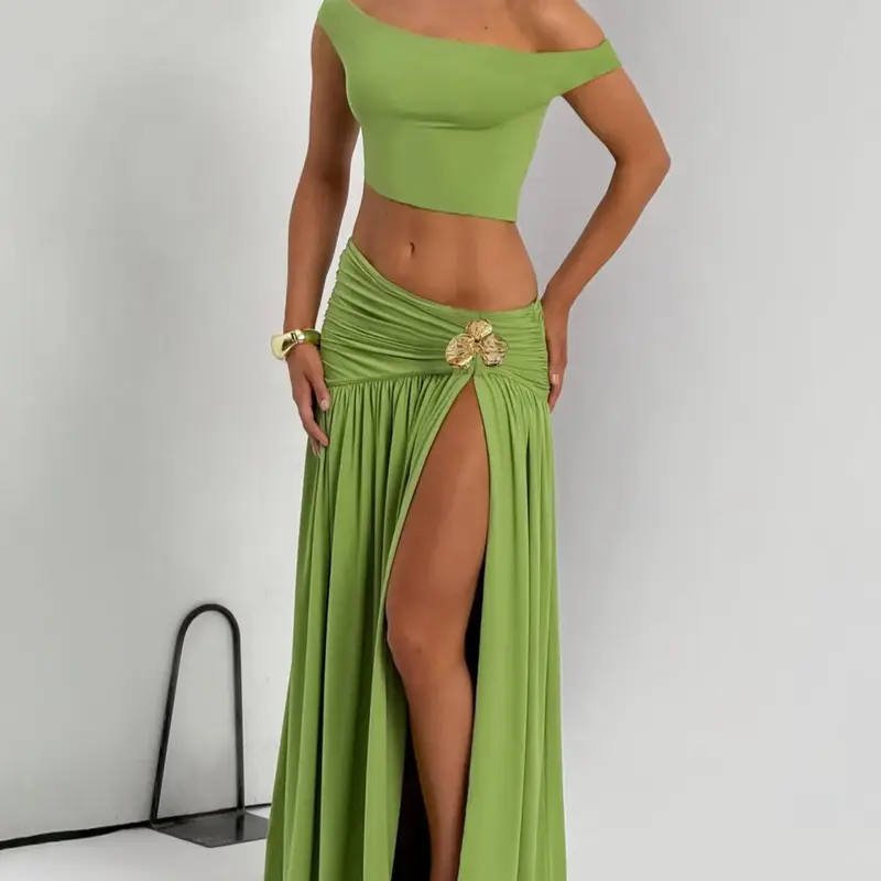 Women's Two-piece Solid Color One Shoulder Sleeveless Tank Top Bodycon Side Split Metal Flower Stitched Ruched Long Skirt Sets, Strapless Backless Irregular Hem Cropped Tube Tops with Pleated Slit Skirts, Ladies Party Holiday Elegant Aesthetic Set