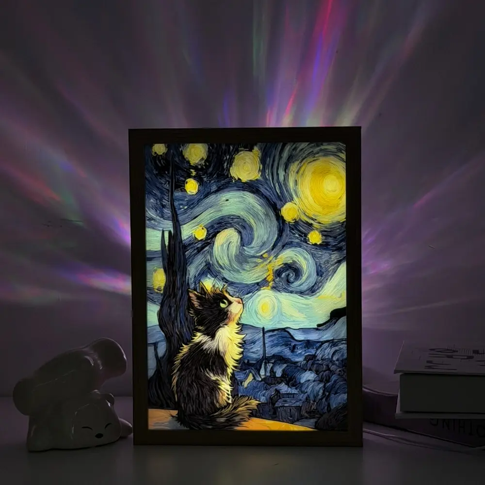 Starry Night Town In Van Gogh Style LED Light Painting USB-Powered, Adjustable Desk Lamp, Polished Wood Frame, Perfect For Bedroom Or Home Decor, Ideal Birthday Gift, LED Lights For Bedroom, Interior Led Lights, Indoor Room Lights