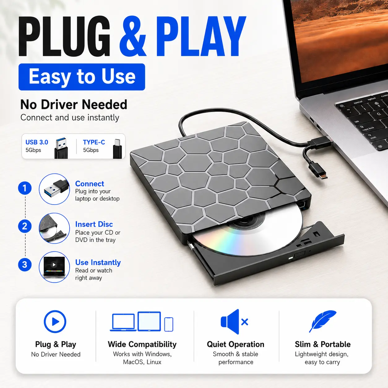 8-in-1 External CD/DVD Drive for Laptops: Portable USB 3.0 & Type-C DVD Player and CD Burner. Ultra-slim optical drive (read/write) for PCs, MacBooks, and desktops; compatible with Windows 11/10/8/7, Linux, and macOS. An office essential.