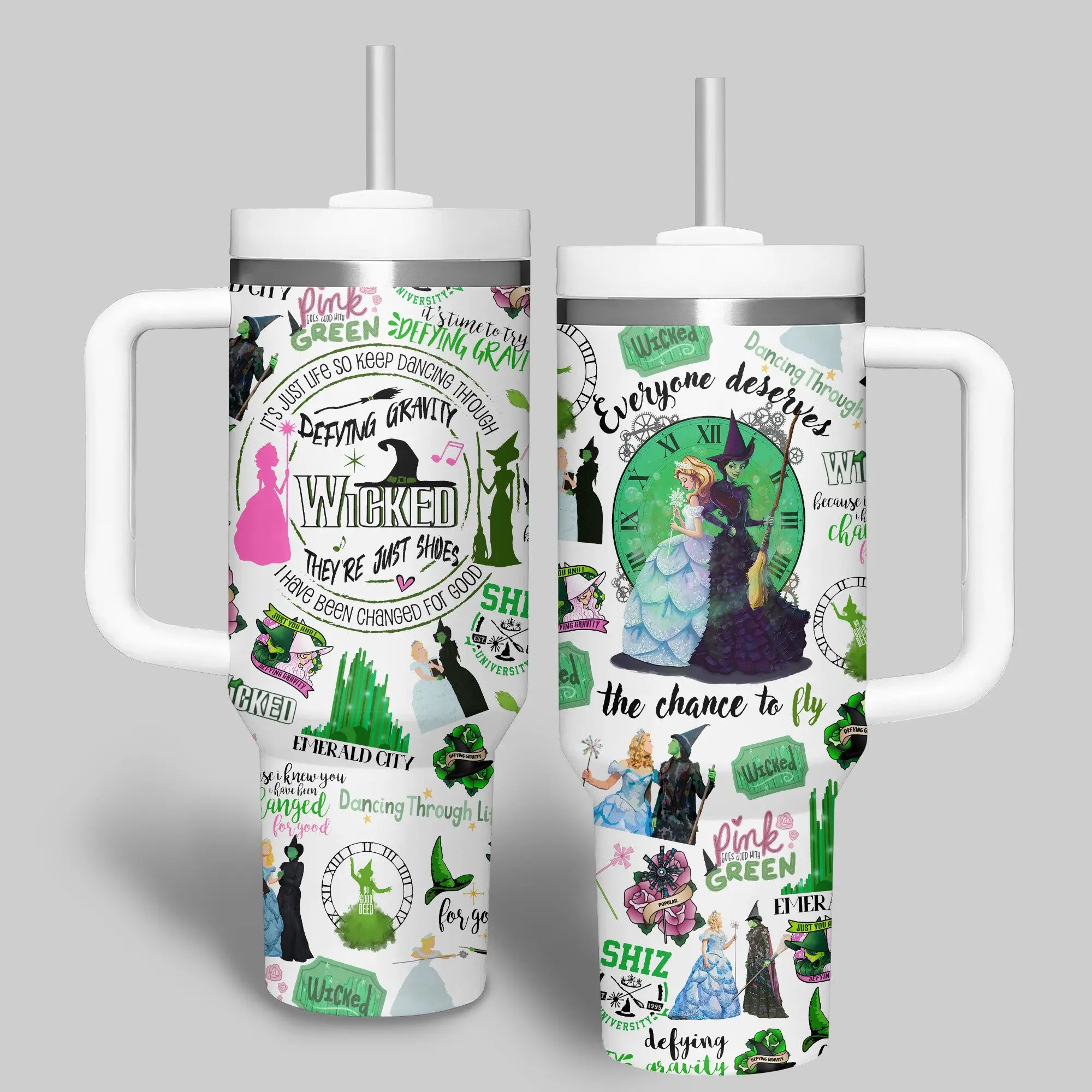Wicked Defying Gravity 40oz Tumbler with Handle and Straw, Emerald City Pink and Green Collage Design, Broadway Theater Fan Gift, Insulated Stainless Steel Mug, Musical Lover Drinkware