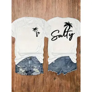 Womens Salty Graphic Tee Short Sleeve Crewneck Summer Beach Vacation Shirt Cute Palm Tree Print Casual Loose Fit Soft Cotton Top