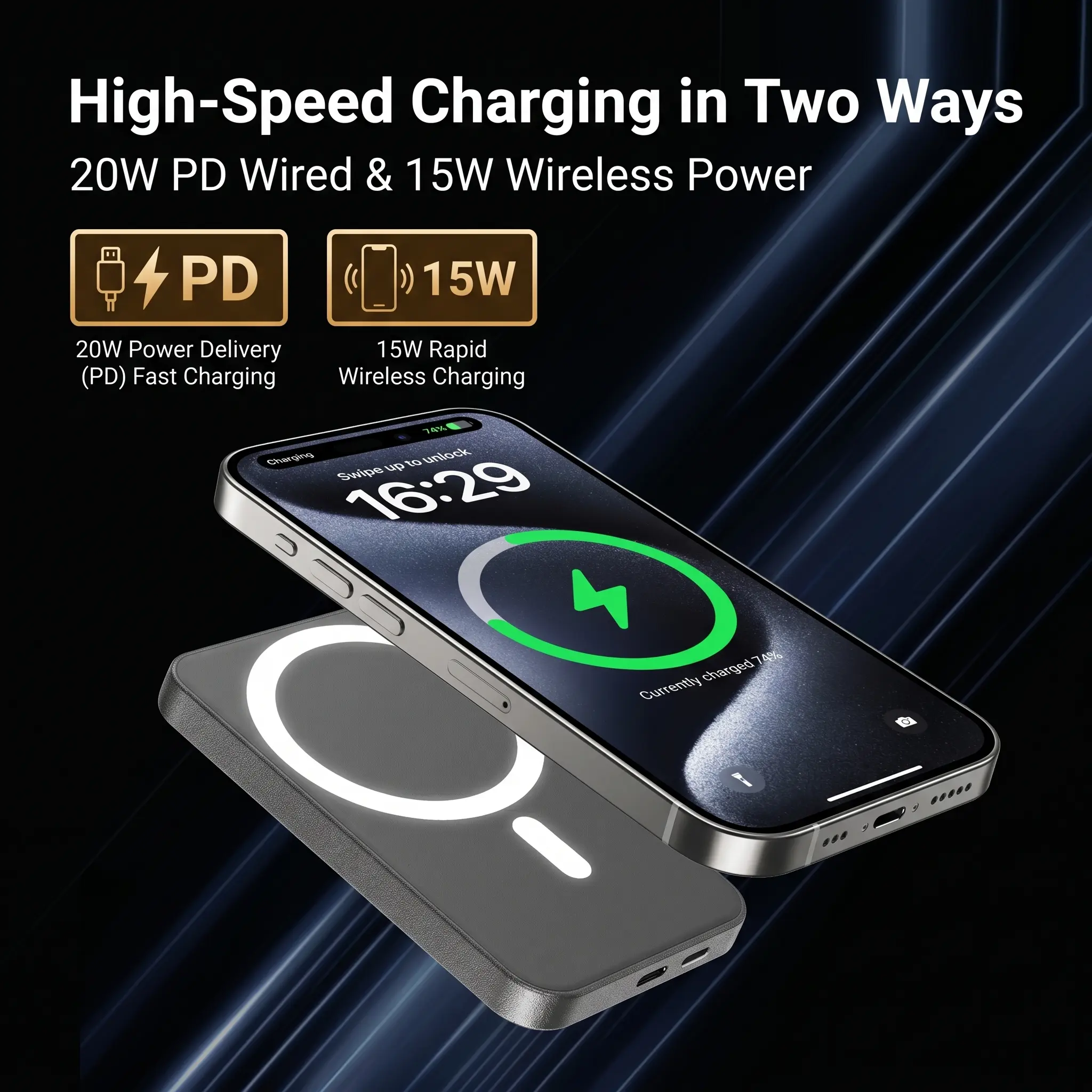 Ultra-Slim Magnetic Power Bank 5000mAh, 15W Wireless & 20W PD Two-Way Fast Charging Portable Charger with Built-in Card Holder Wallet Design, Snap-On Magnetic Battery Pack for iPhone & Android