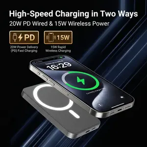 Ultra-Slim Magnetic Power Bank 5000mAh, 15W Wireless & 20W PD Two-Way Fast Charging Portable Charger with Built-in Card Holder Wallet Design, Snap-On Magnetic Battery Pack for iPhone & Android